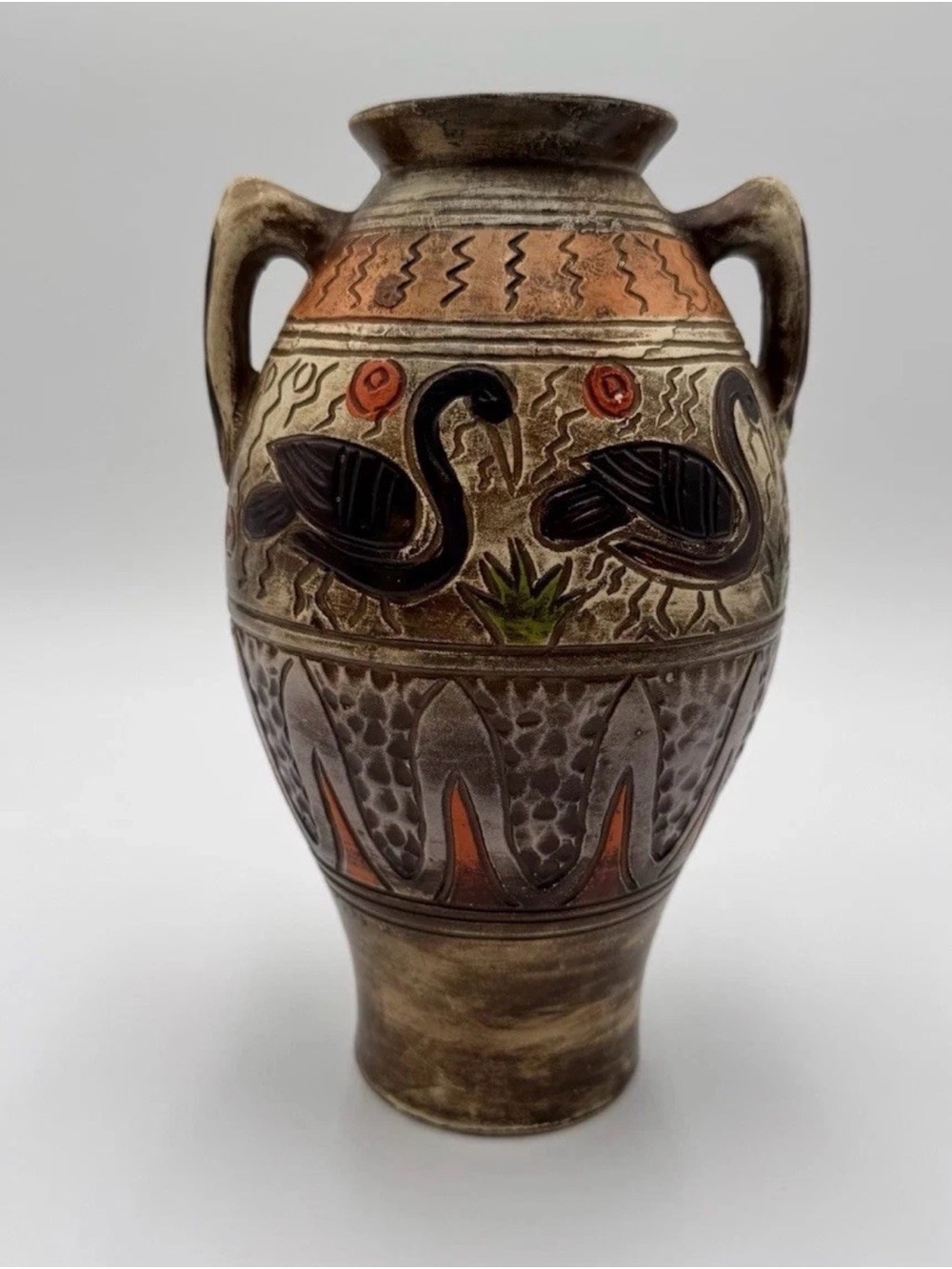 Handcrafted Decorative Vase with Flamingo Motif - Brown & Black